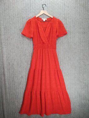 Monteau Los Angeles Red Tiered Mxi Dress Flutter Short Sleeved-Sz S